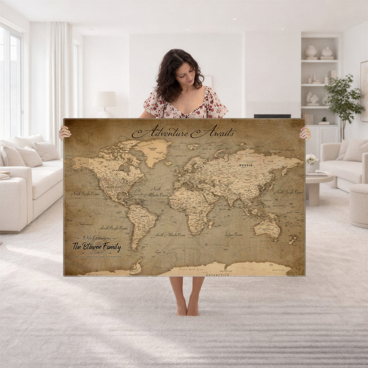 59418012-MGV-CV-36X24 - Personalized Framed Beige World Travel Map Wall Art with Pins, Family Travel Tracker, Family Room and Entryway Decor