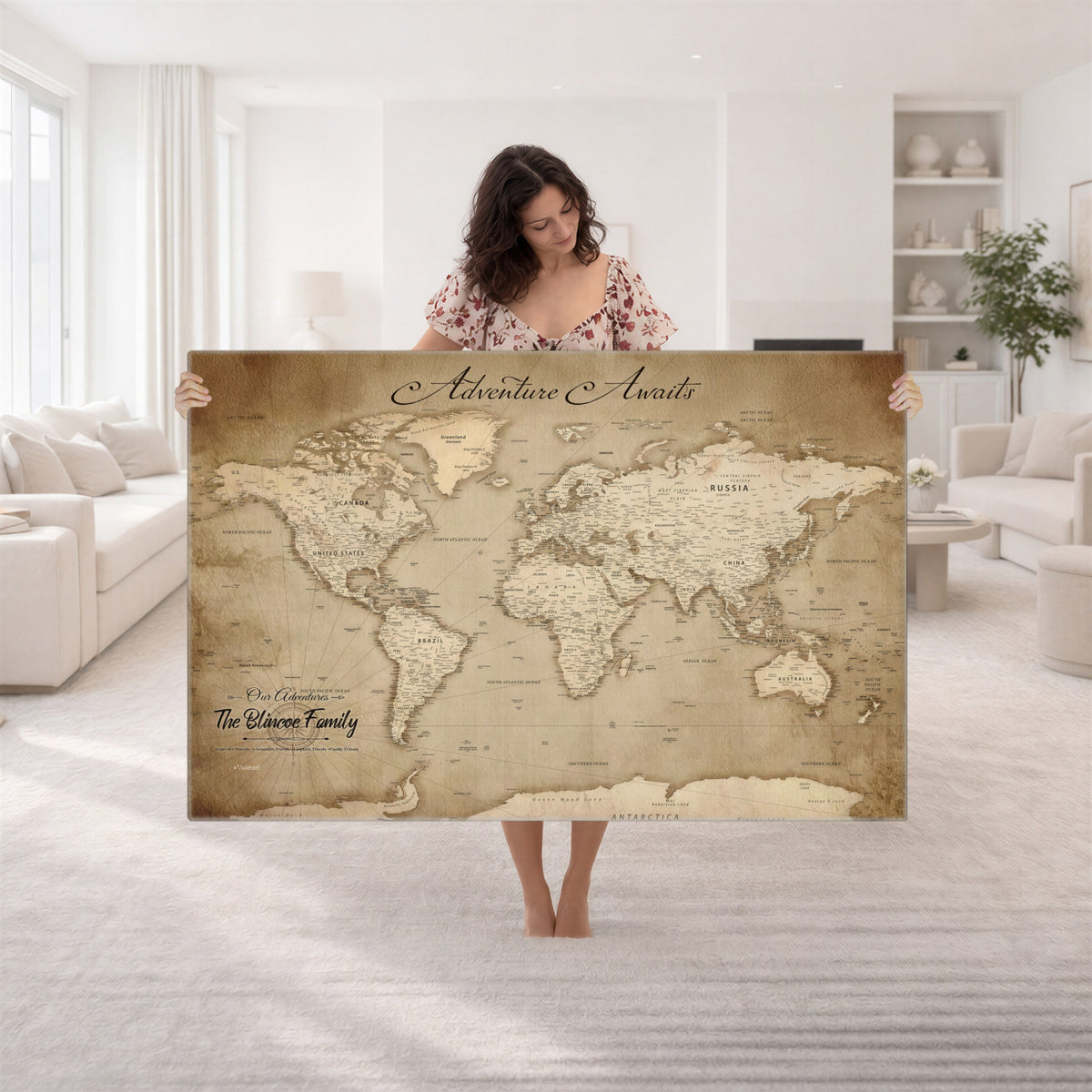 59757370-MGV-CV-36X24 - Personalized Black Modern Push Pin World Map Wall Art, Places Visited Tracker, Family Room and Bedroom Decor