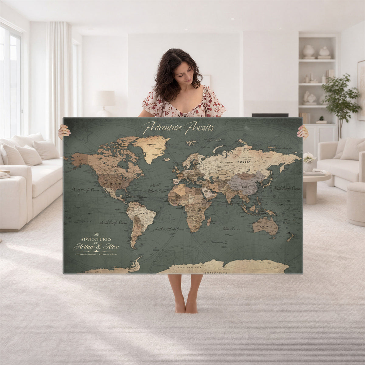 24734446-MGV-CV-36X24 - Personalized Framed Beige Modern World Map Canvas with Push Pins, Bucket List Map, Family Room and Dining Room Decor