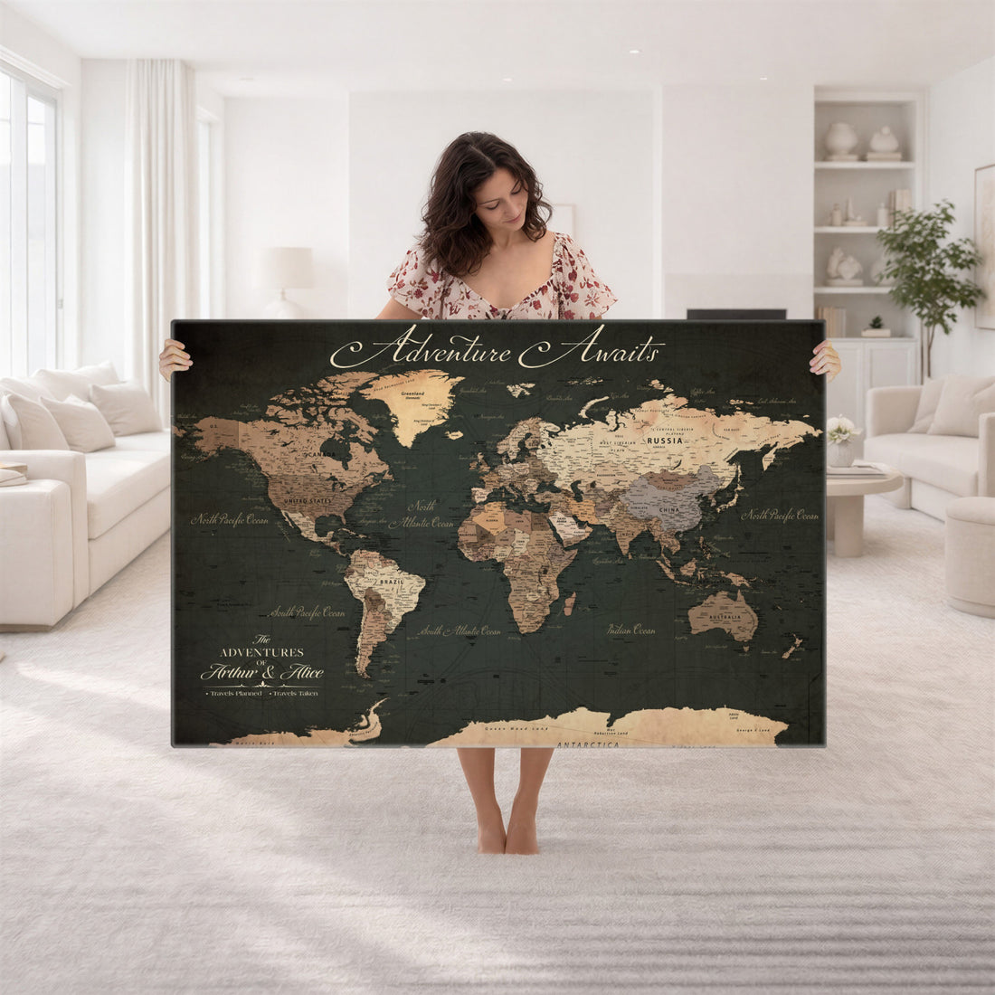 Custom Gray Modern Push Pin Travel Map Canvas Print, Next Trip Planner Map, Family Room and Bedroom Decor