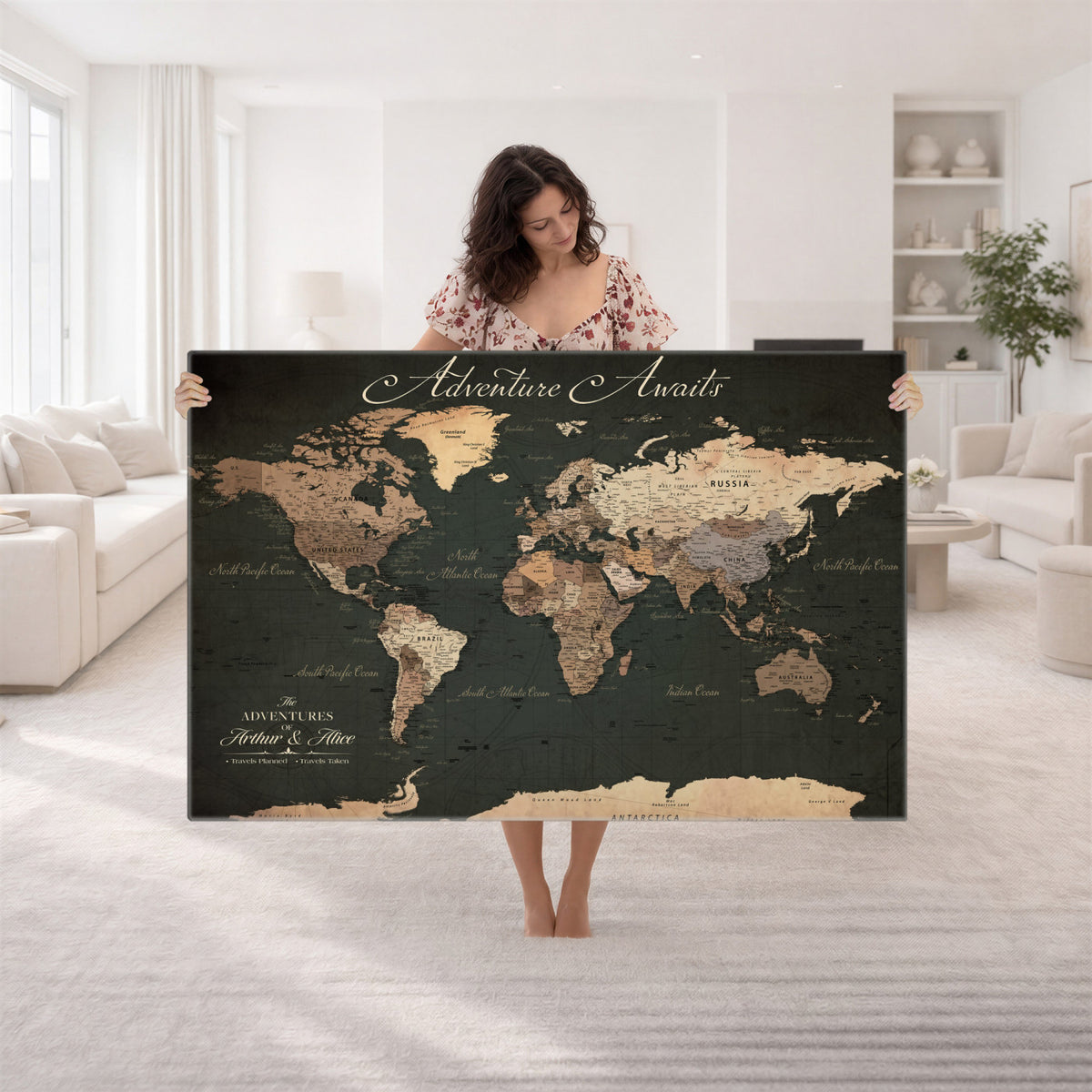 74987709-MGV-CV-36X24 - Custom Gray Modern Push Pin Travel Map Canvas Print, Next Trip Planner Map, Family Room and Bedroom Decor