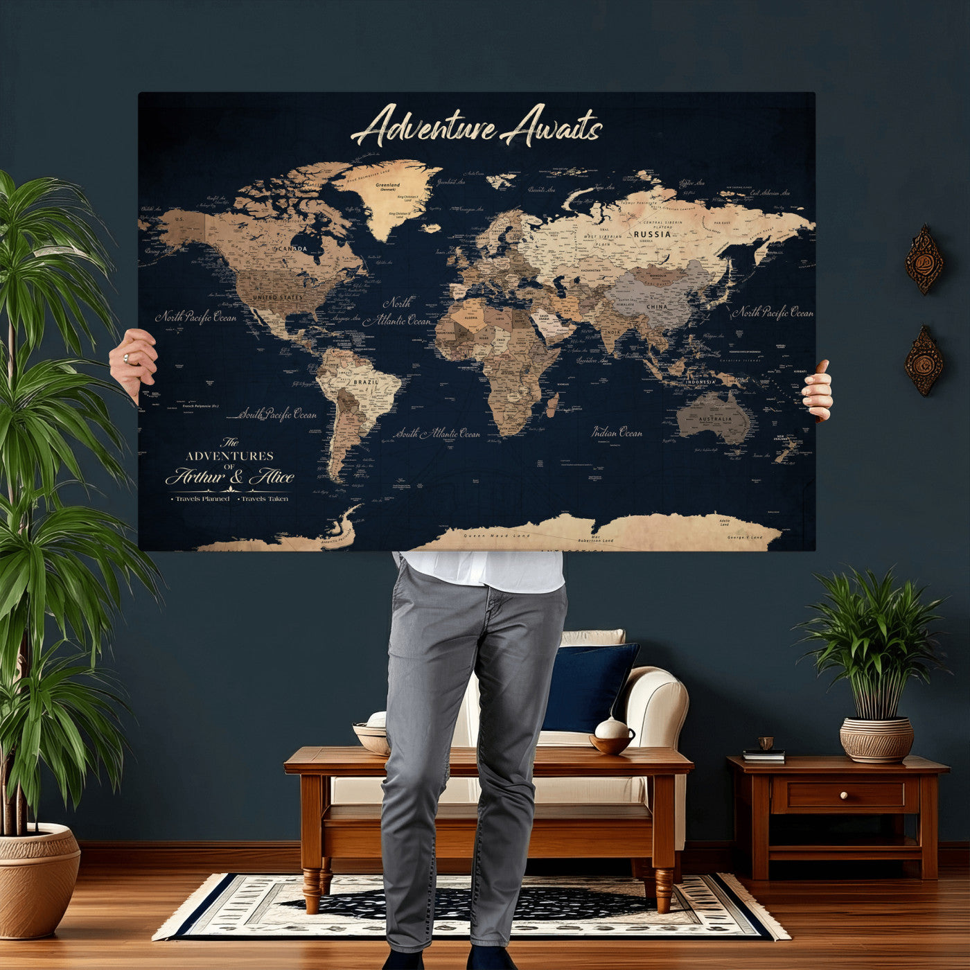 64110301-MGV-CV-36X24 - Custom Push Pin World Map Wall Art Canvas Print - Personalized Travel Tracker with Pins Framed Large for Home and Office Decor
