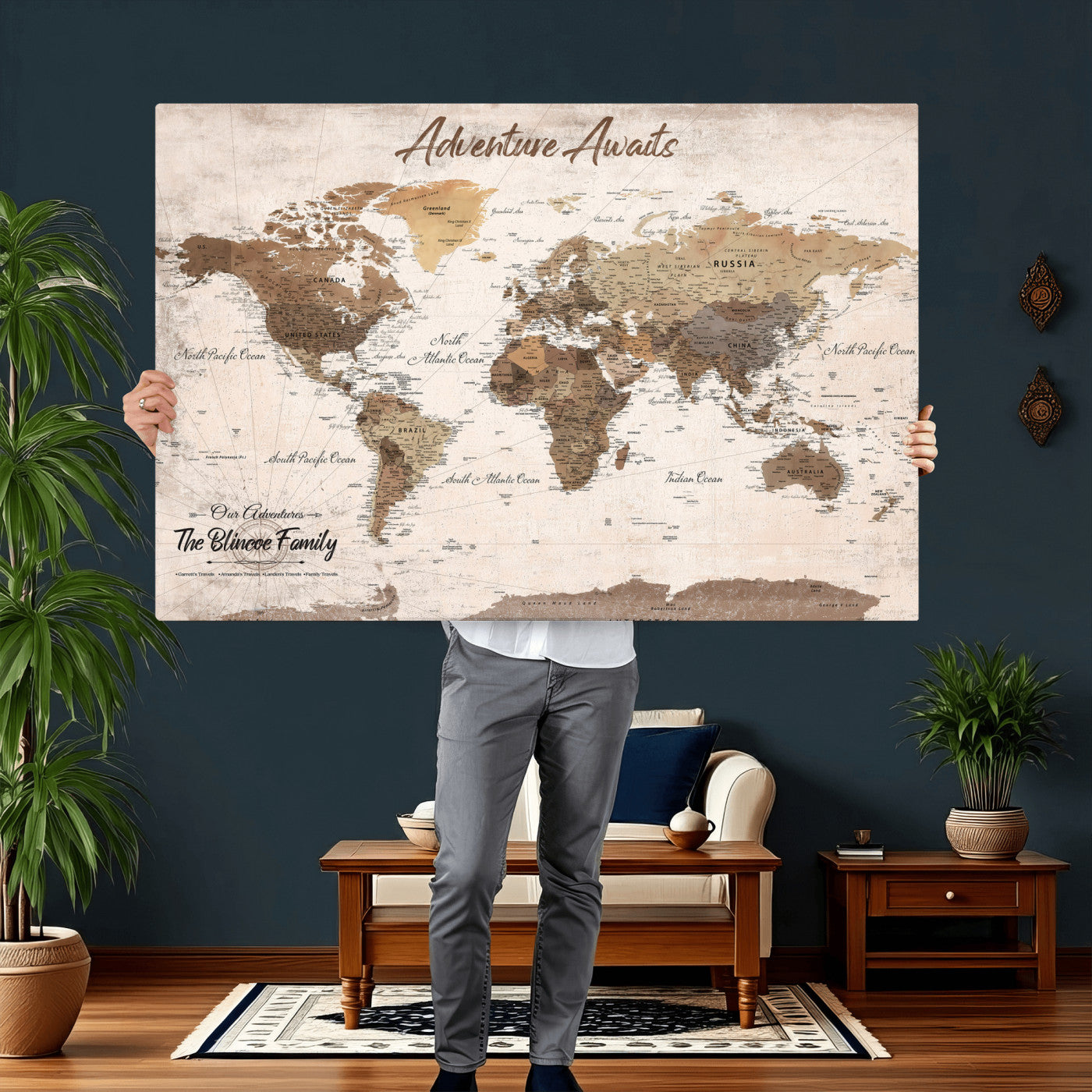 70887266-MGV-CV-36X24 - Custom Push Pin World Map Wall Art Canvas Print – Personalized Travel Tracker with Pins Framed Large for Home and Office Decor