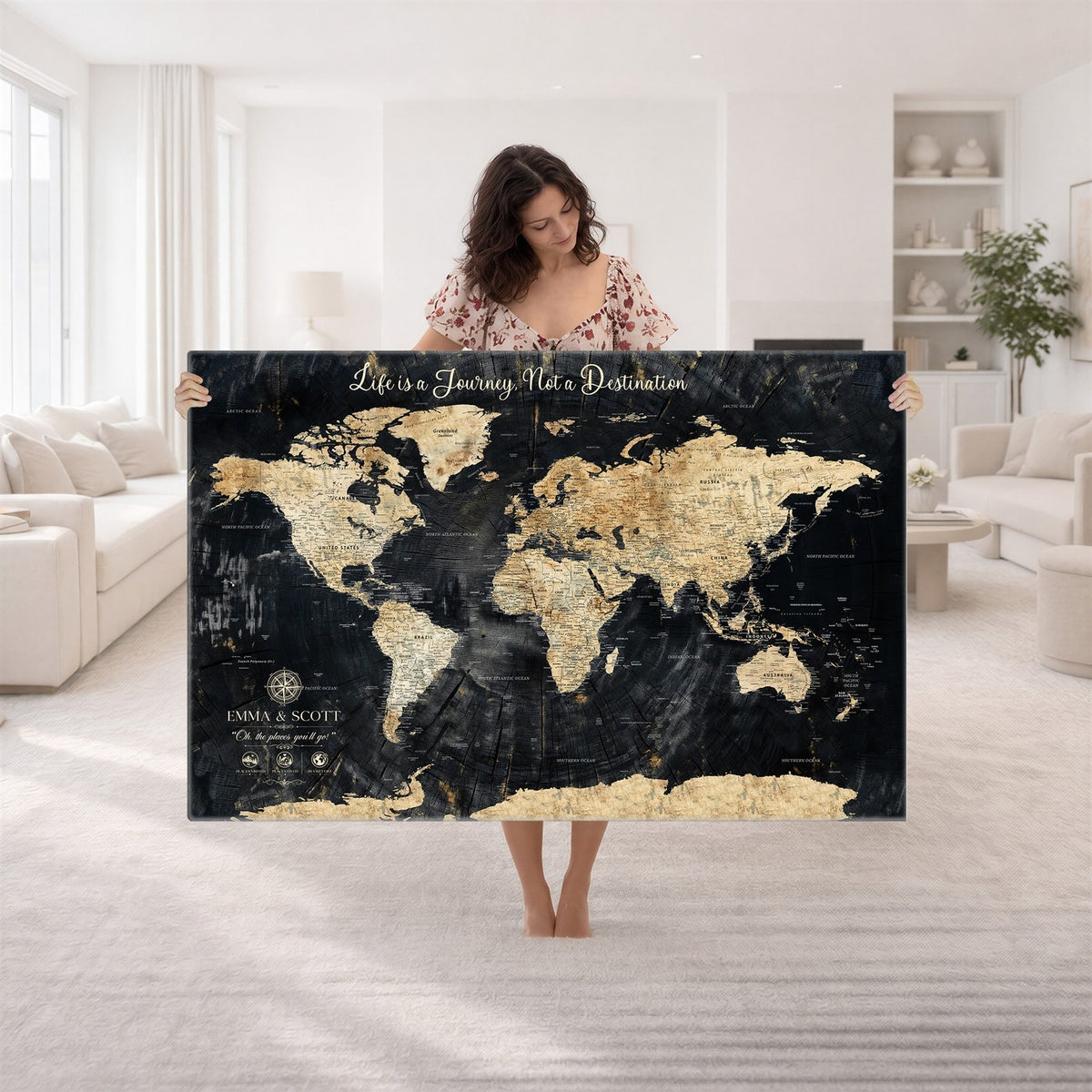 77472096-MGV-CV-36X24 - Custom Black Modern Push Pin World Map Wall Art, Next Trip Planner Map, Home Office and Entryway Decor