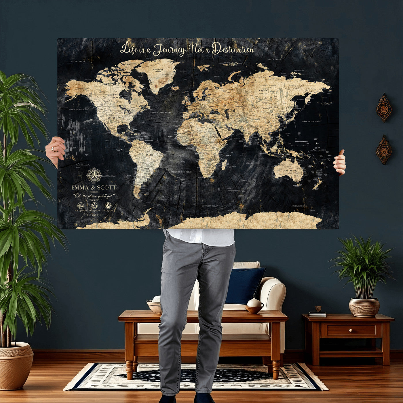 77472096-MGV-CV-36X24 - Custom Push Pin World Map Wall Art Canvas Print – Personalized Travel Tracker with Pins Framed Large for Home and Office Decor