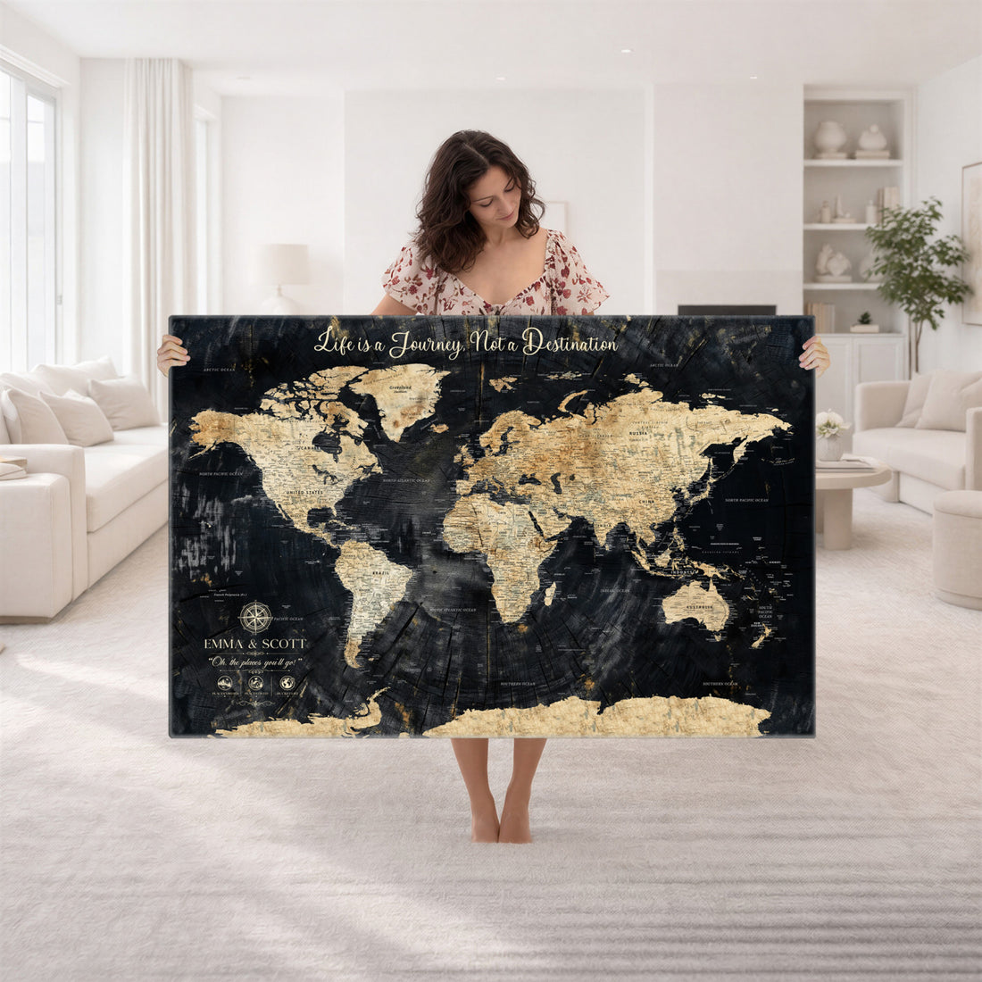 Custom Black Modern Push Pin World Map Wall Art, Next Trip Planner Map, Home Office and Entryway Decor