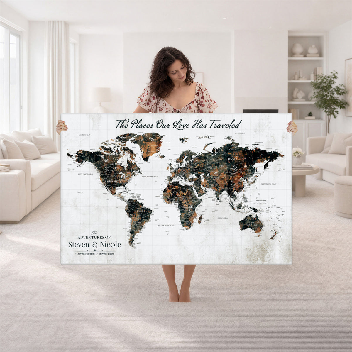 29090064-MGV-CV-36X24 - Custom Push Pin World Map Wall Art Canvas Print | Personalized Travel Tracker with Pins Framed Large for Home and Office Decor