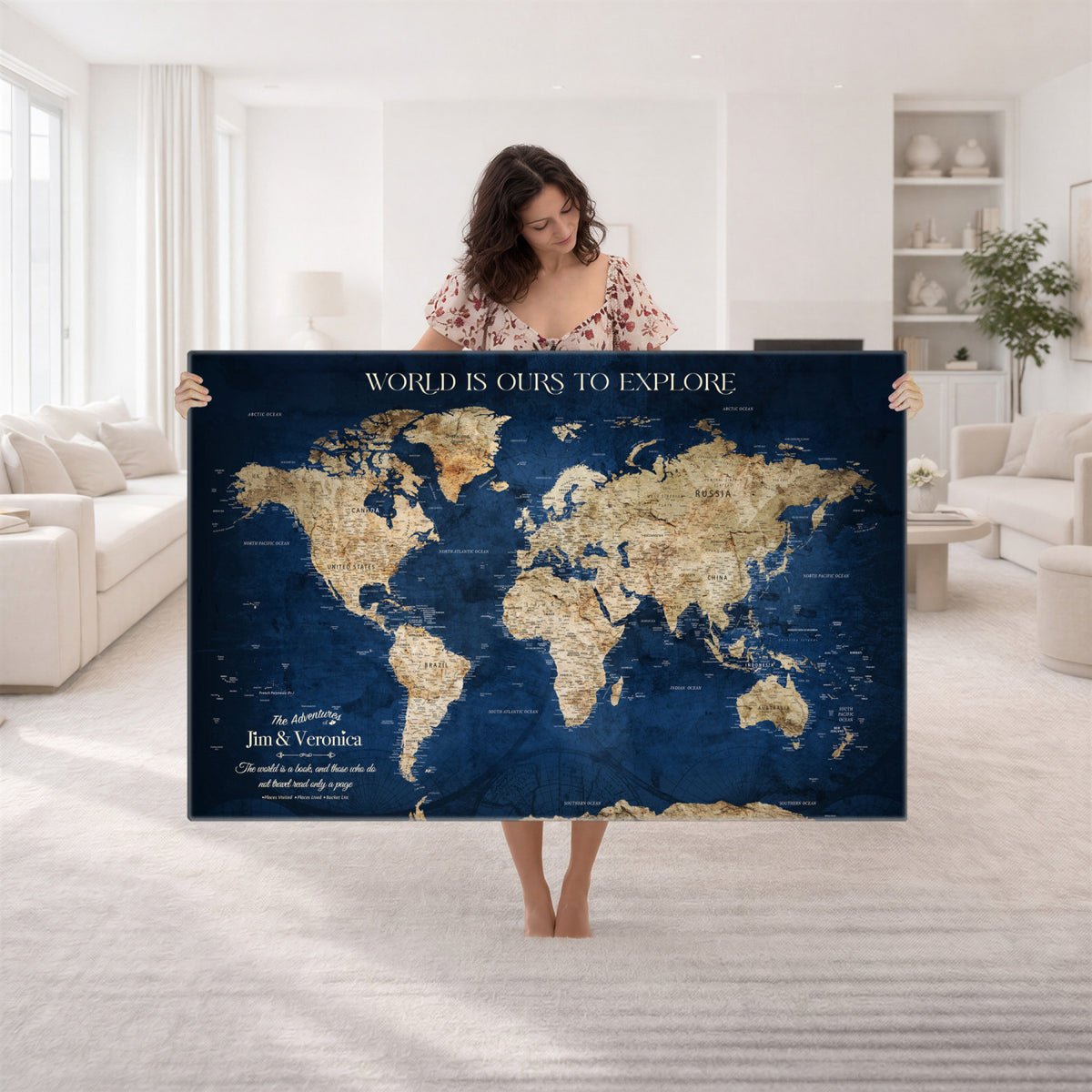 35296308-MGV-CV-36X24 - Custom Push Pin World Map Wall Art Canvas Print – Personalized Travel Tracker with Pins Framed Large for Home and Office Decor