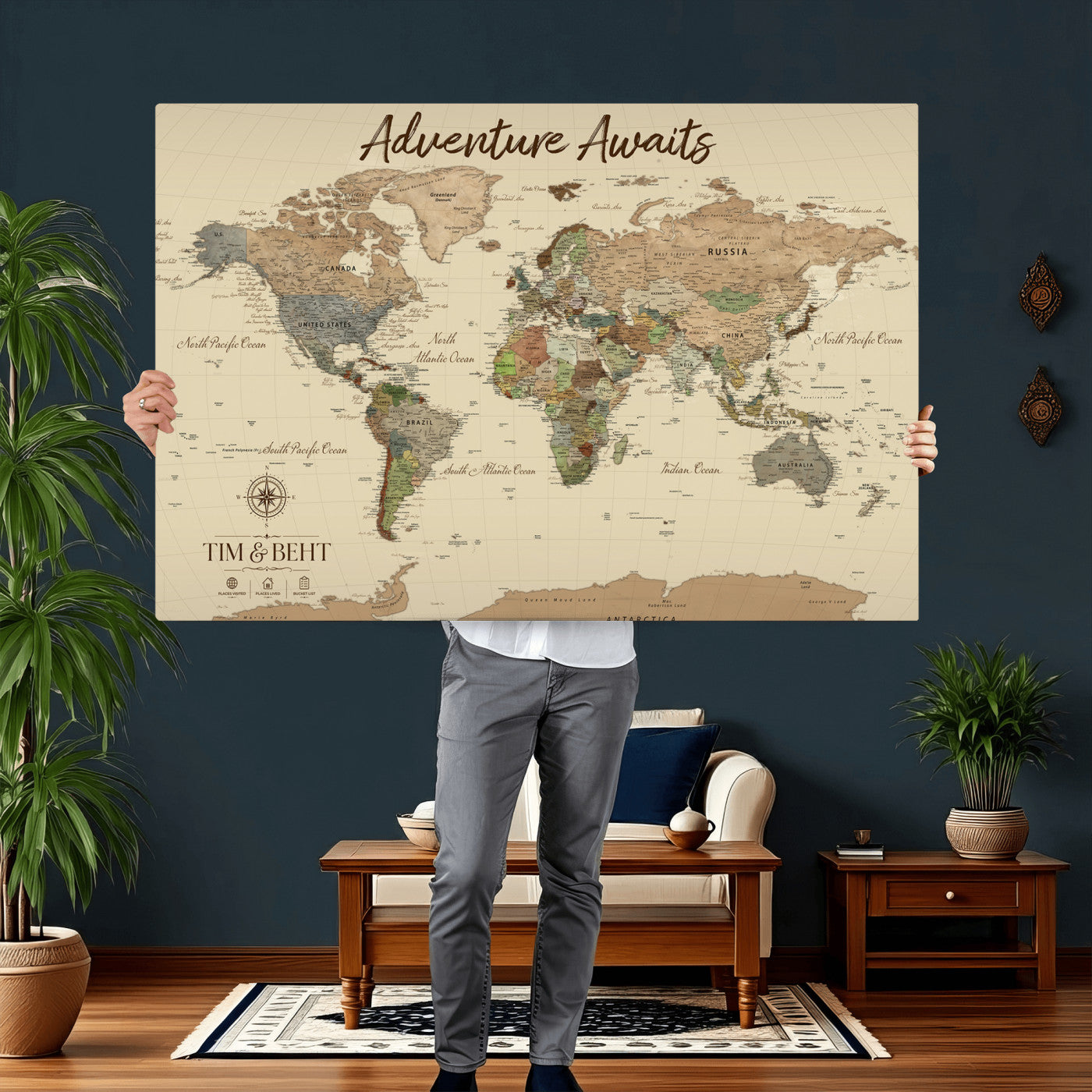 72027187-MGV-CV-36X24 - Custom Push Pin World Map Wall Art Canvas Print – Personalized Travel Tracker with Pins Framed Large for Home and Office Decor