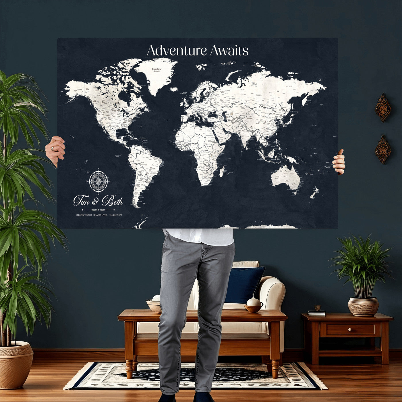 84045875-MGV-CV-36X24 - Custom Push Pin World Map Wall Art Canvas Print – Personalized Travel Tracker with Pins Framed Large for Home and Office Decor
