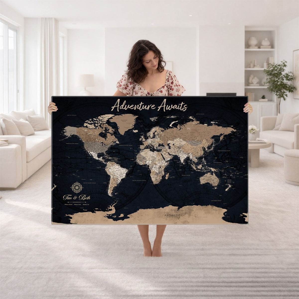 66938317-MGV-CV-36X24 - Custom Push Pin World Map Wall Art Canvas Print | Personalized Travel Tracker with Pins Framed Large for Home and Office Decor