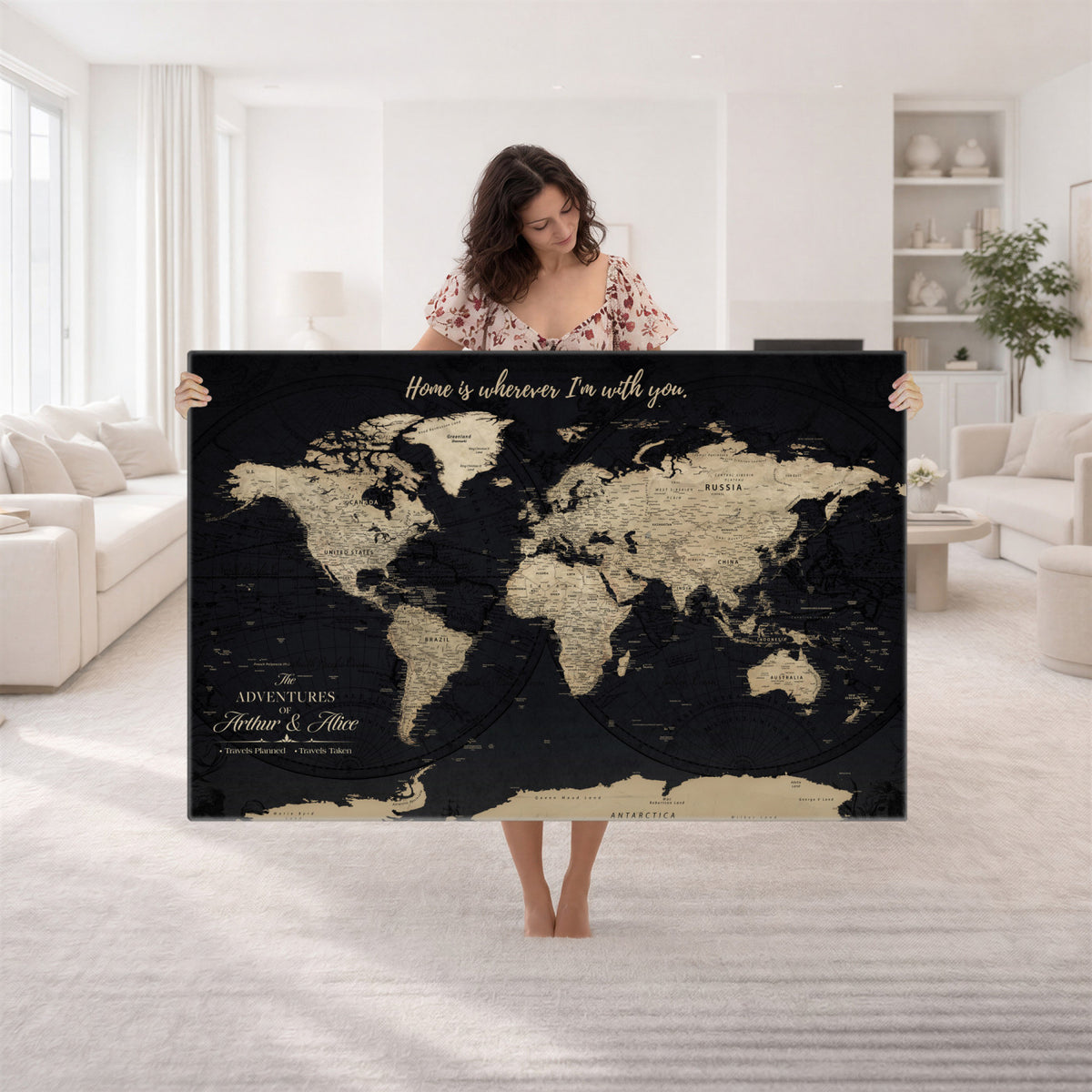 31416046-MGV-CV-36X24 - Custom Framed Beige Vintage Push Pin Travel Map Canvas Print, Honeymoon and Anniversary Gift, Study and Hallway Decor