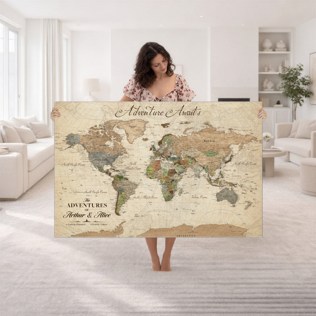 Custom Framed Beige Vintage World Travel Map Wall Art with Pins, Family Travel Tracker, Family Room and Hallway Decor