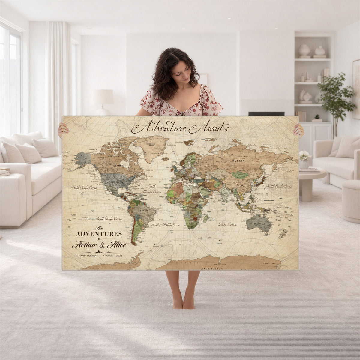 18308111-MGV-CV-36X24 - Custom Push Pin World Map Wall Art Canvas Print | Personalized Travel Tracker with Pins Framed Large for Home and Office Decor