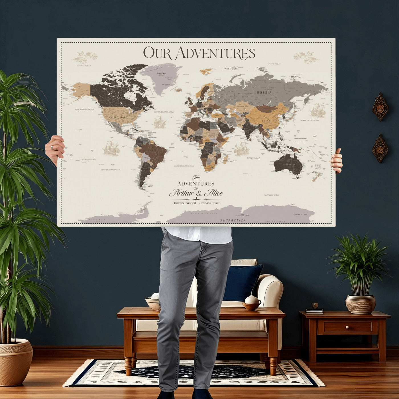 66301646-MGV-CV-36X24 - Custom Push Pin World Map Wall Art Canvas Print – Personalized Travel Tracker with Pins Framed Large for Home and Office Decor