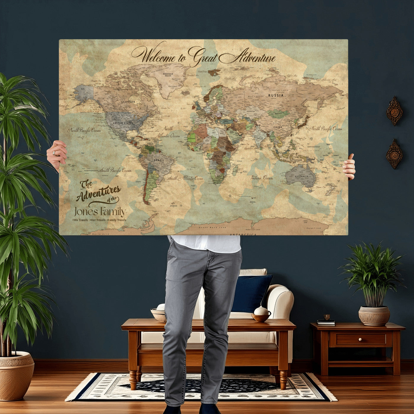 38092909-MGV-CV-36X24 - Custom Push Pin World Map Wall Art Canvas Print – Personalized Travel Tracker with Pins Framed Large for Home and Office Decor