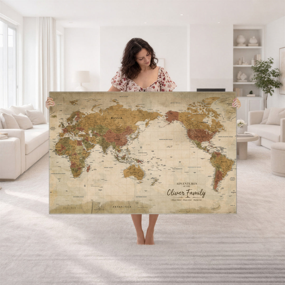 19347393-MGV-CV-36X24 - Personalized Framed Navy Modern World Map Canvas with Push Pins, Bucket List Map, Living Room and Entryway Decor