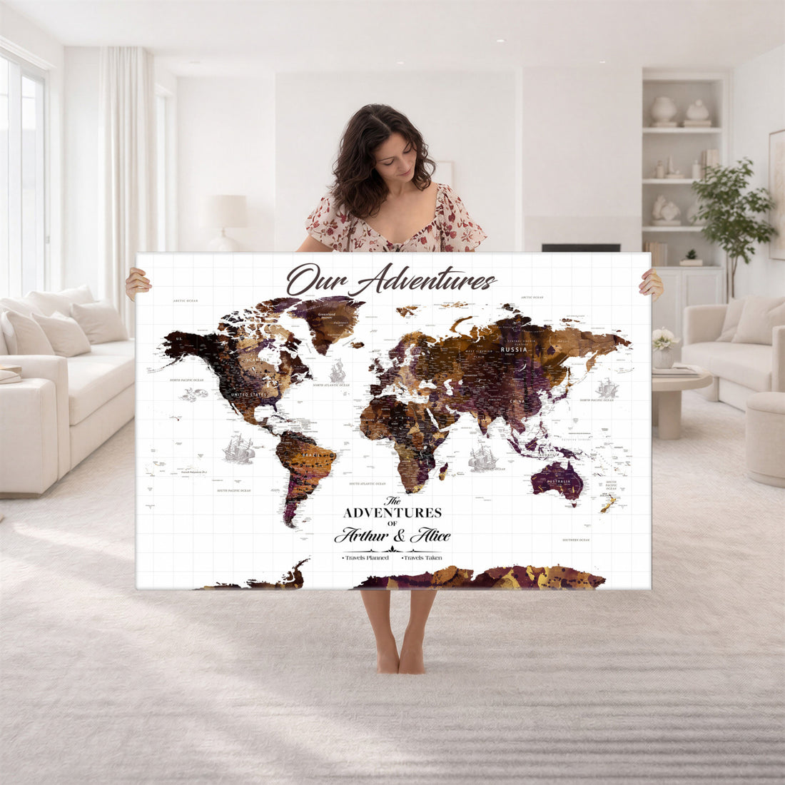 Personalized Framed Beige Vintage Push Pin Travel Map Canvas Print, Next Trip Planner Map, Home Office and Entryway Decor
