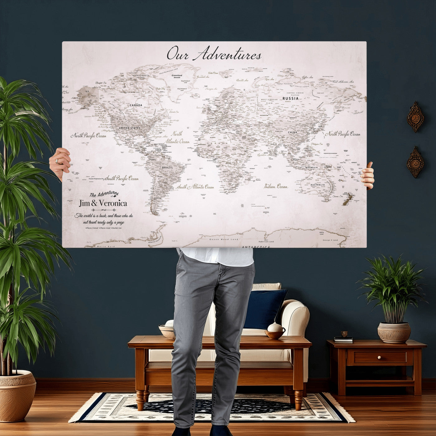 62392749-MGV-CV-36X24 - Custom Push Pin World Map Wall Art Canvas Print – Personalized Travel Tracker with Pins Framed Large for Home and Office Decor