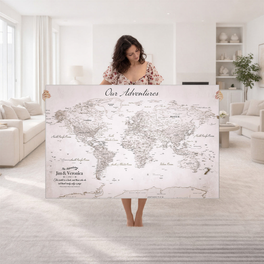 Personalized Beige Vintage World Travel Map Wall Art with Pins, Honeymoon and Anniversary Gift, Entryway and Hallway Decor