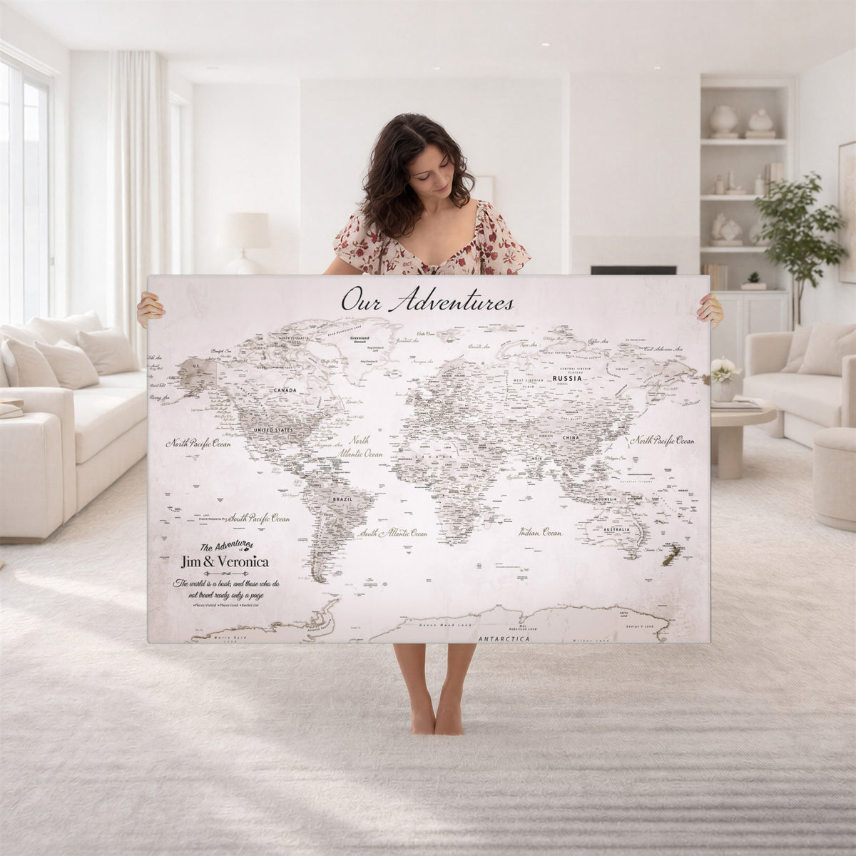 62392749-MGV-CV-36X24 - Personalized Beige Vintage World Travel Map Wall Art with Pins, Honeymoon and Anniversary Gift, Entryway and Hallway Decor