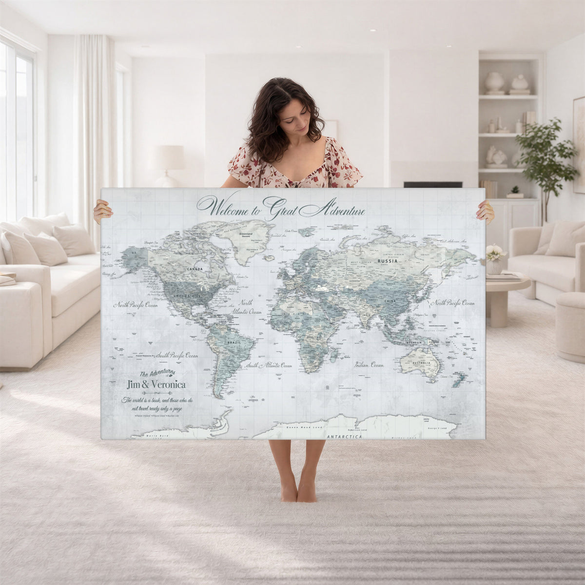 55391088-MGV-CV-36X24 - Personalized Beige Antique Push Pin World Map Canvas Print, Family Travel Tracker, Family Room and Entryway Decor