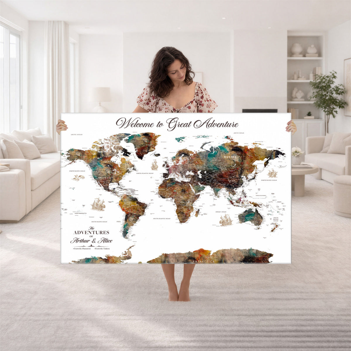 20271103-MGV-CV-36X24 - Custom Framed Beige Modern Push Pin World Map Wall Art, Couples Countries Visited Map, Study and Entryway Decor