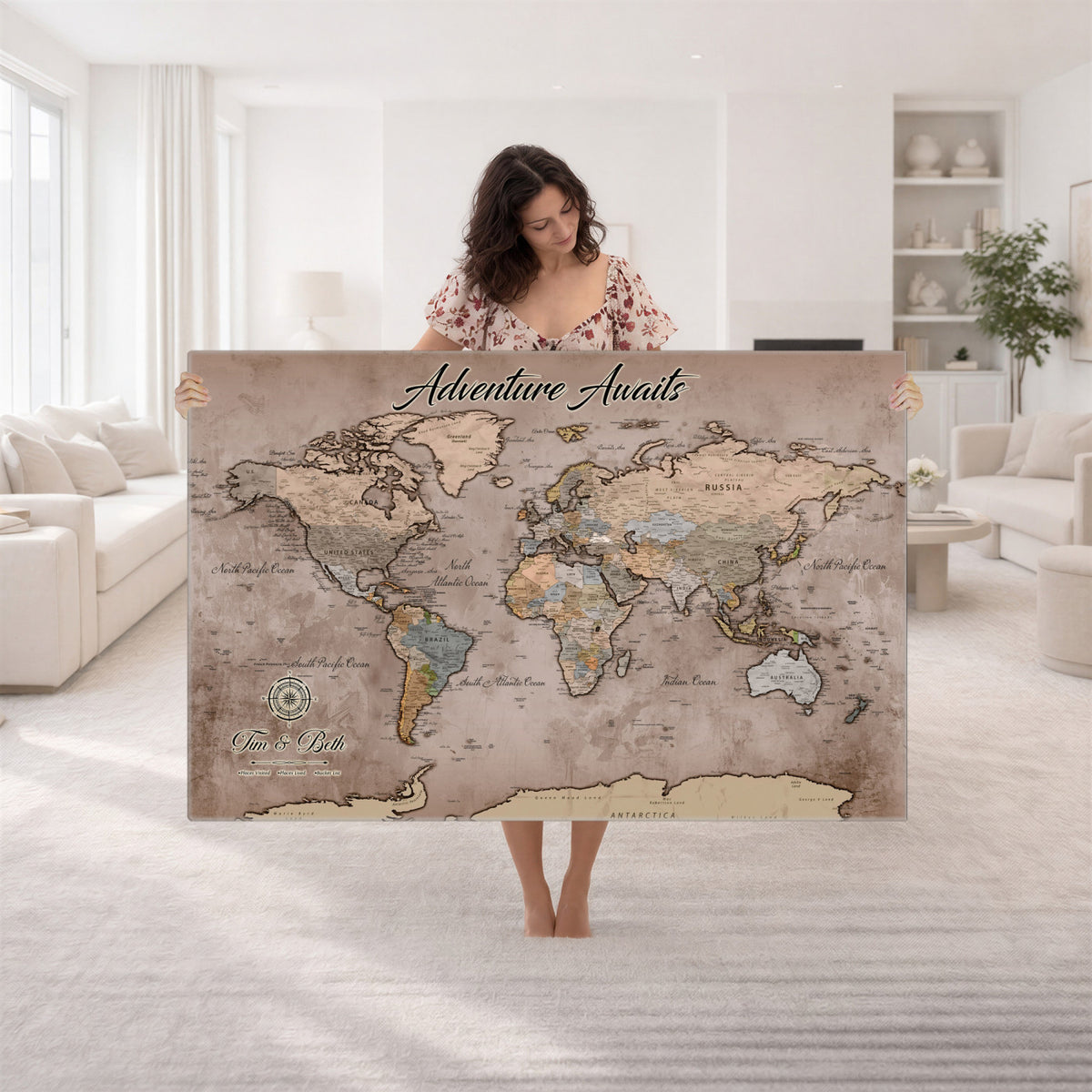 30508877-MGV-CV-36X24 - Custom Push Pin World Map Wall Art Canvas Print | Personalized Travel Tracker