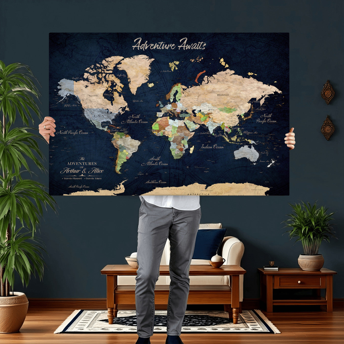 39120422-MGV-CV-36X24 - Custom Push Pin World Map Wall Art Canvas Print – Personalized Travel Tracker with Pins Framed Large for Home and Office Decor