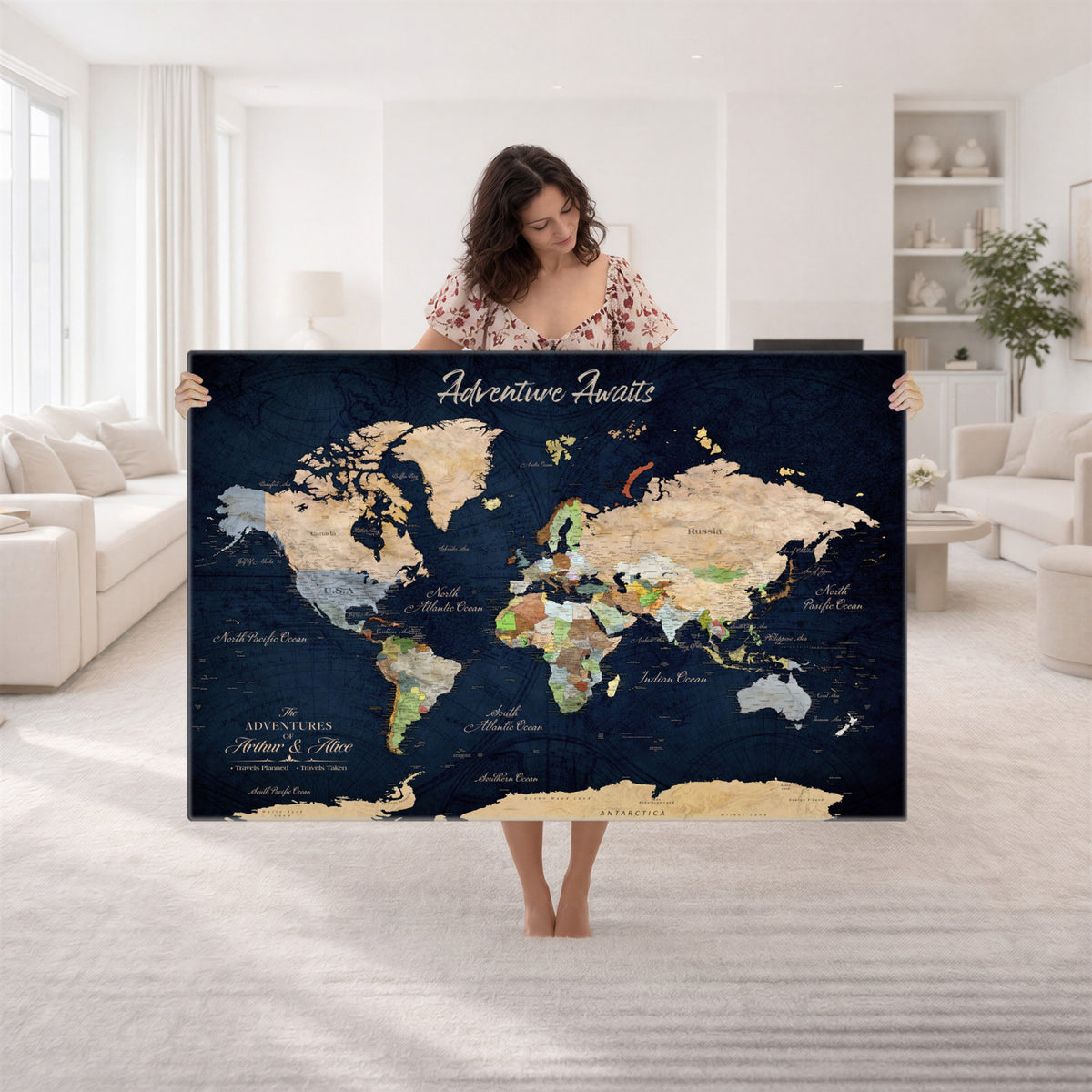 39120422-MGV-CV-36X24 - Personalized Beige Antique Push Pin Travel Map Canvas Print, Bucket List Map, Dining Room and Entryway Decor
