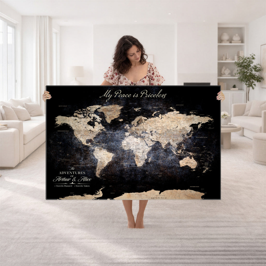 Personalized Beige World Map Canvas with Push Pins, Couples Countries Visited Map, Study and Hallway Decor