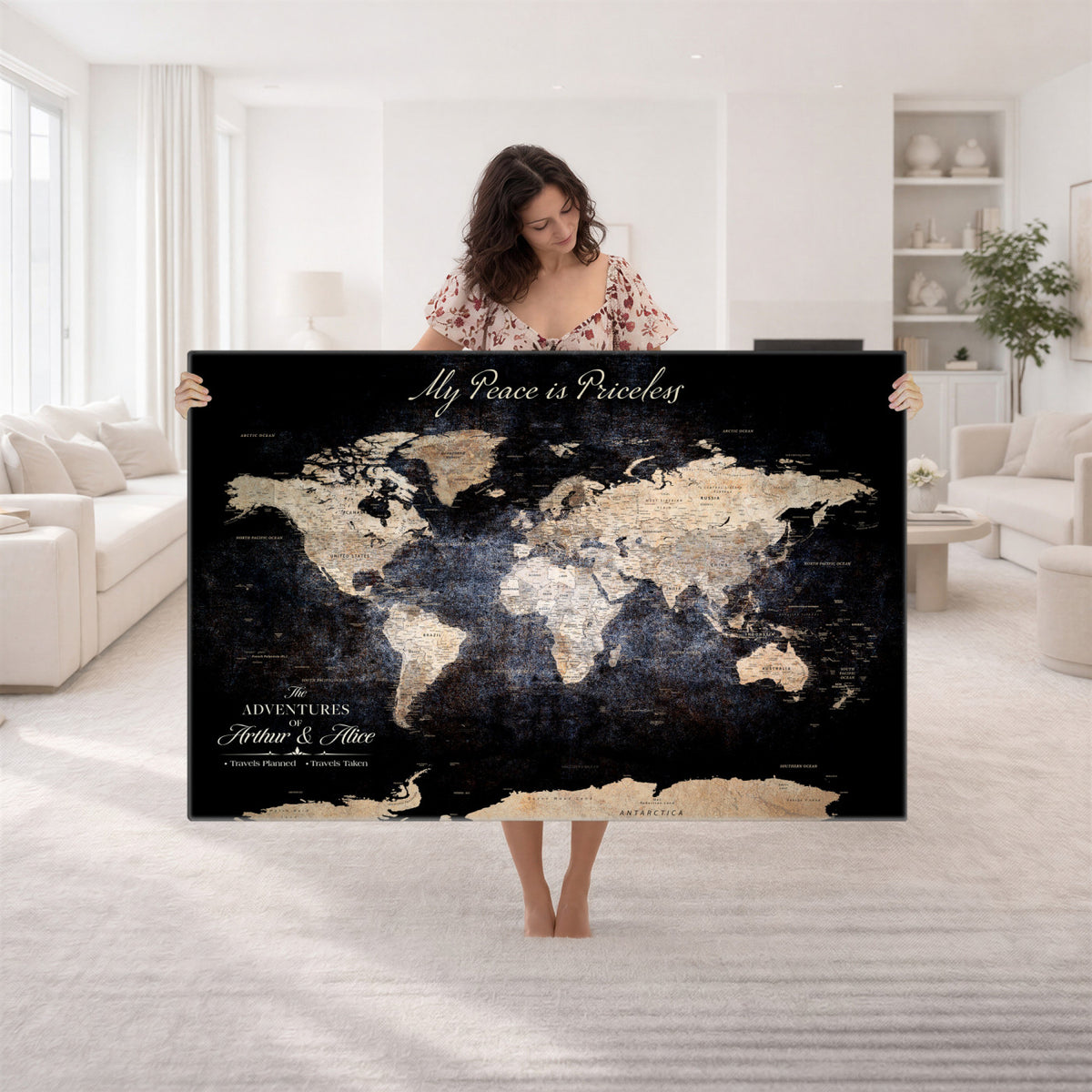 38689152-MGV-CV-36X24 - Personalized Beige World Map Canvas with Push Pins, Couples Countries Visited Map, Study and Hallway Decor