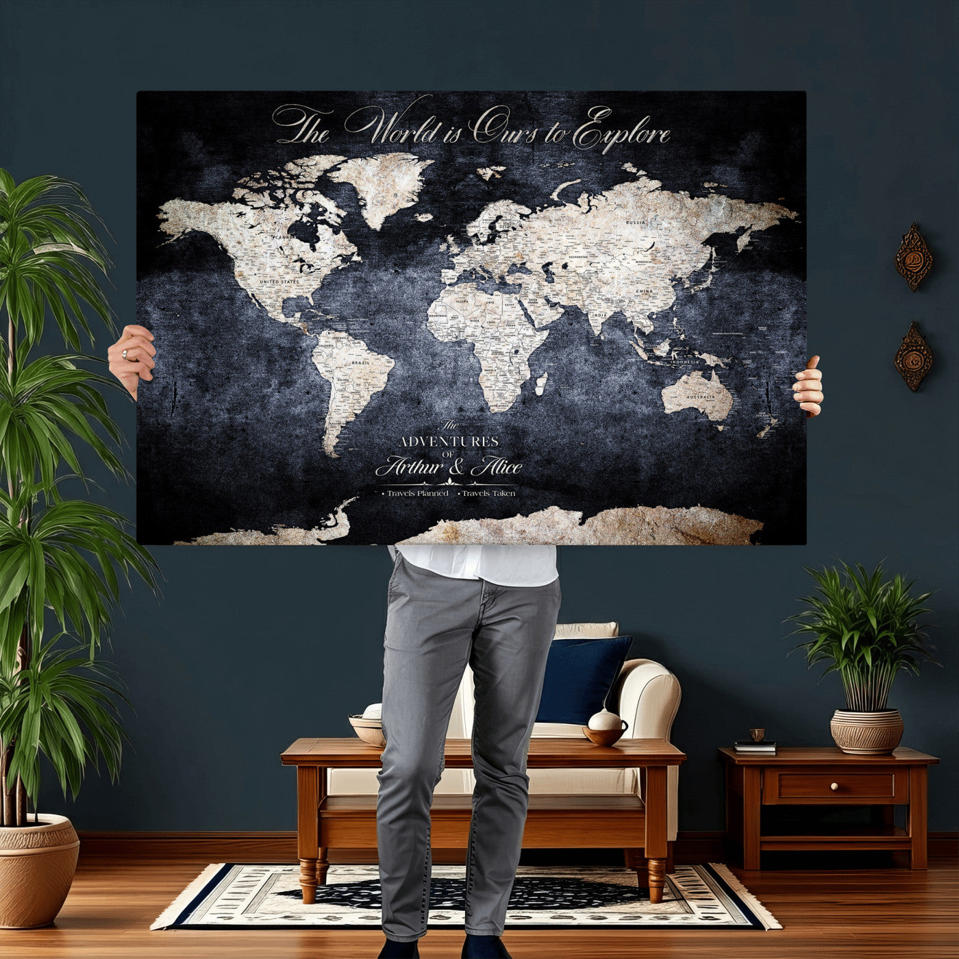 78489746-MGV-CV-36X24 - Custom Push Pin World Map Wall Art Canvas Print – Personalized Travel Tracker with Pins Framed Large for Home and Office Decor