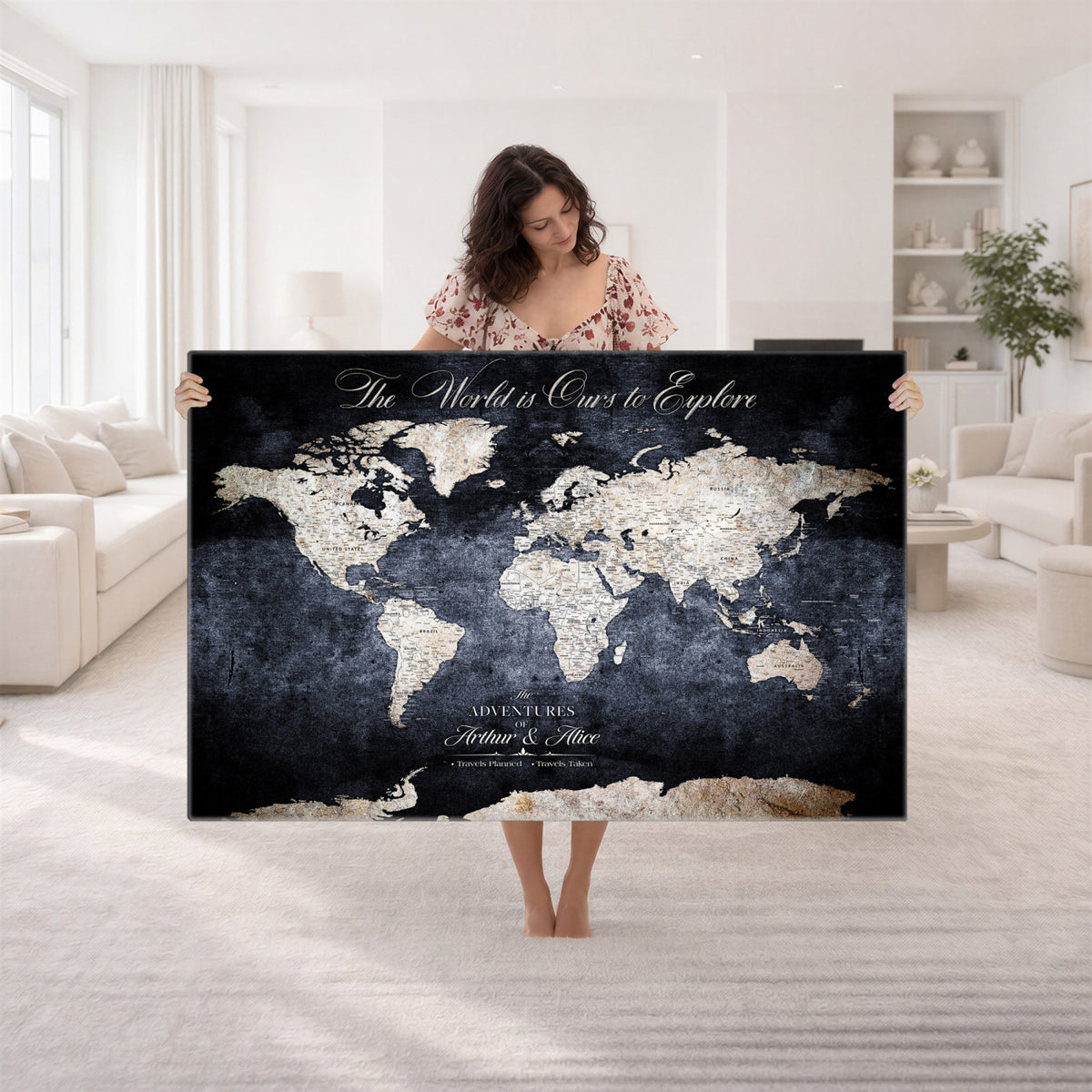 78489746-MGV-CV-36X24 - Custom Push Pin World Map Wall Art Canvas Print | Personalized Travel Tracker with Pins Framed Large for Home and Office Decor