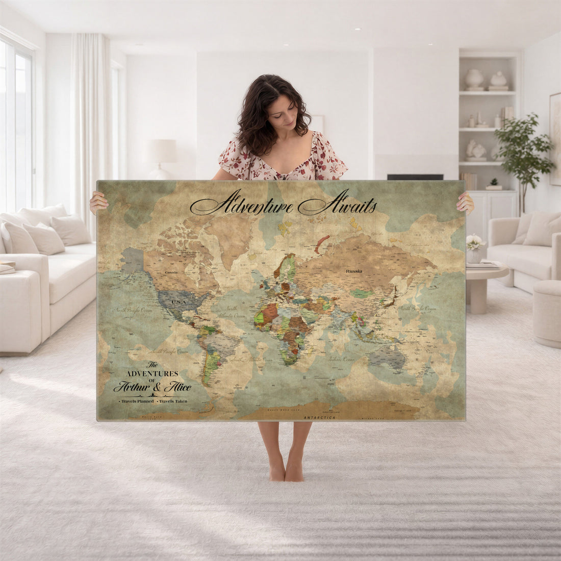Custom Beige World Travel Map Wall Art with Pins, Bucket List Map, Dining Room and Study Decor