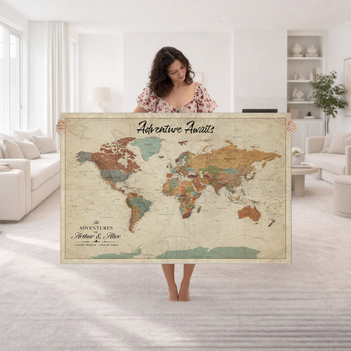 10741176-MGV-CV-36X24 - Custom Push Pin World Map Wall Art Canvas Print | Personalized Travel Tracker with Pins Framed Large for Home and Office Decor