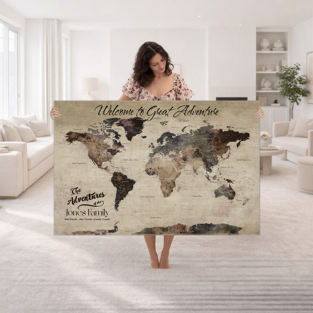 25688366-MGV-CV-36X24 - Custom Push Pin World Map Wall Art Canvas Print | Personalized Travel Tracker with Pins Framed Large for Home and Office Decor