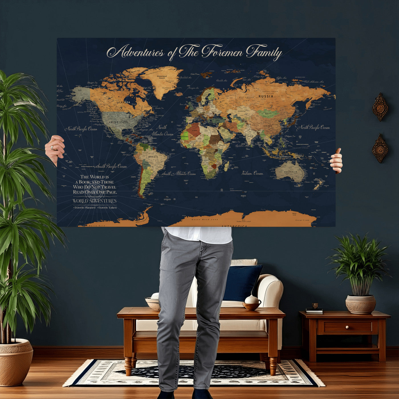 84352304-MGV-CV-36X24 - Custom Push Pin World Map Wall Art Canvas Print – Personalized Travel Tracker with Pins Framed Large for Home and Office Decor