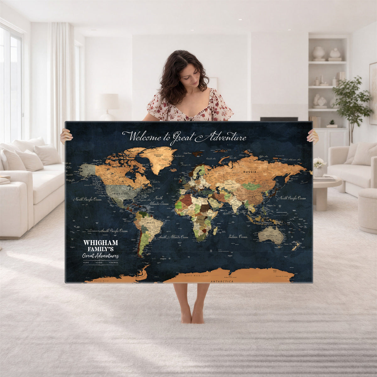 66788995-MGV-CV-36X24 - Custom Push Pin World Map Wall Art Canvas Print | Personalized Travel Tracker with Pins Framed Large for Home and Office Decor