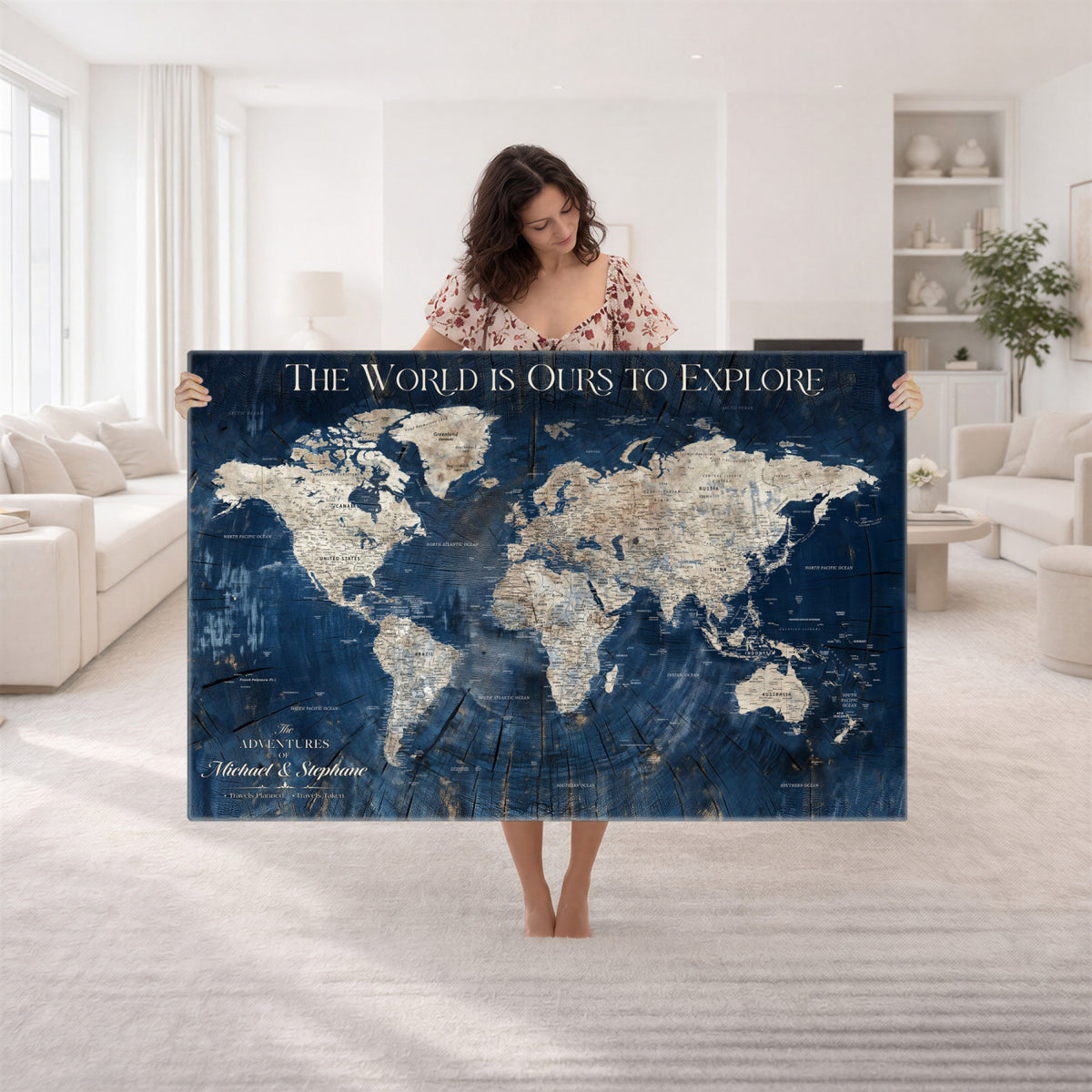 76965912-MGV-CV-36X24 - Custom Push Pin World Map Wall Art Canvas Print – Personalized Travel Tracker with Pins Framed Large for Home and Office Decor