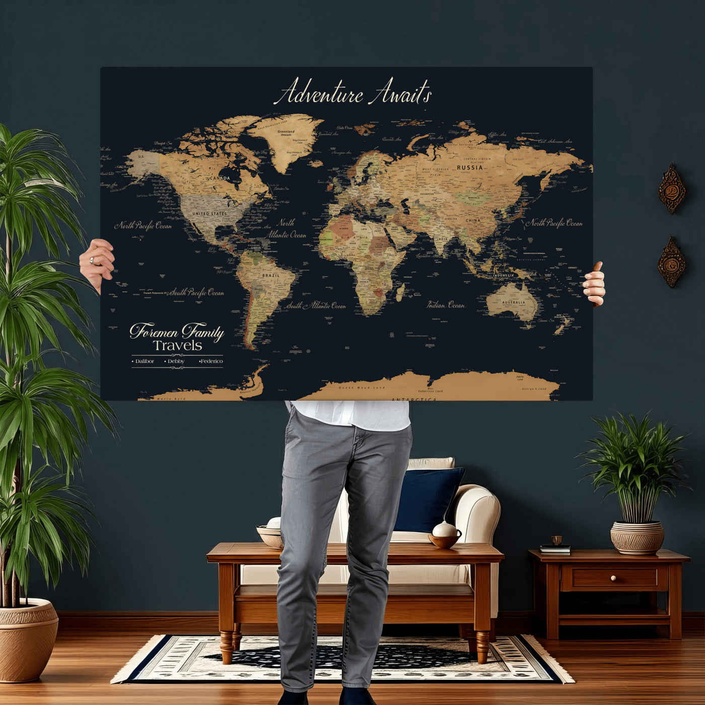31781393-MGV-CV-36X24 - Custom Push Pin World Map Wall Art Canvas Print – Personalized Travel Tracker with Pins Framed Large for Home Decor