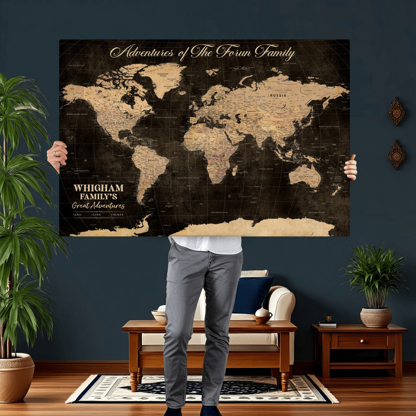 69635819-MGV-CV-36X24 - Custom Push Pin World Map Wall Art Canvas Print – Personalized Travel Tracker with Pins Framed Large for Home and Office Decor
