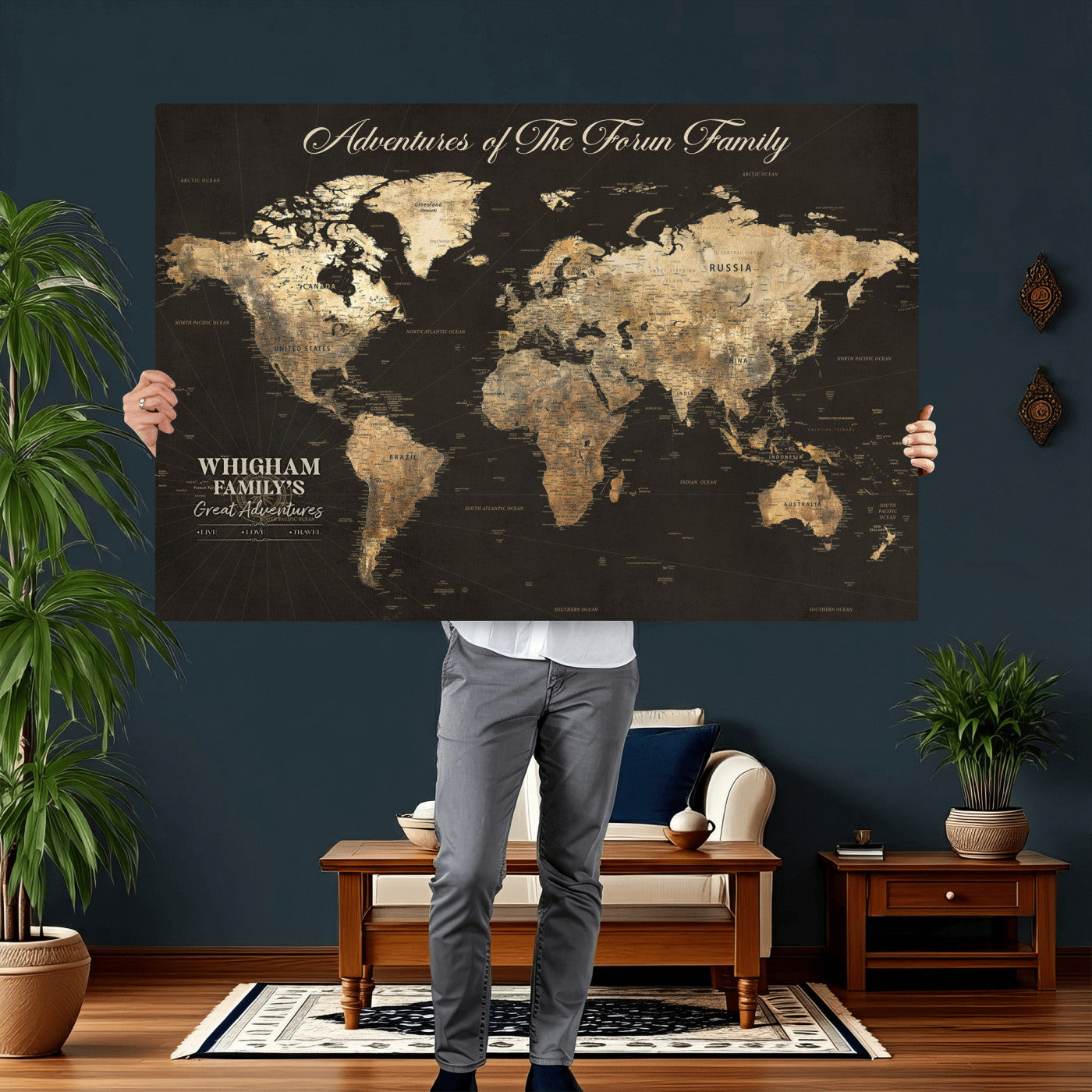 80238567-MGV-CV-36X24 - Custom Push Pin World Map Wall Art Canvas Print – Personalized Travel Tracker with Pins Framed Large for Home and Office Decor