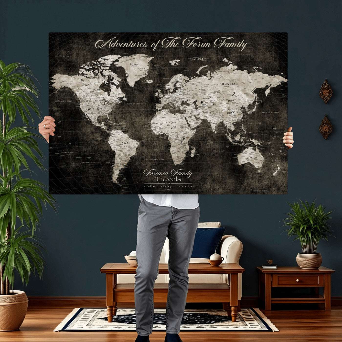 73767525-MGV-CV-36X24 - Custom Push Pin World Map Wall Art Canvas Print – Personalized Travel Tracker with Pins Framed Large for Home and Office Decor