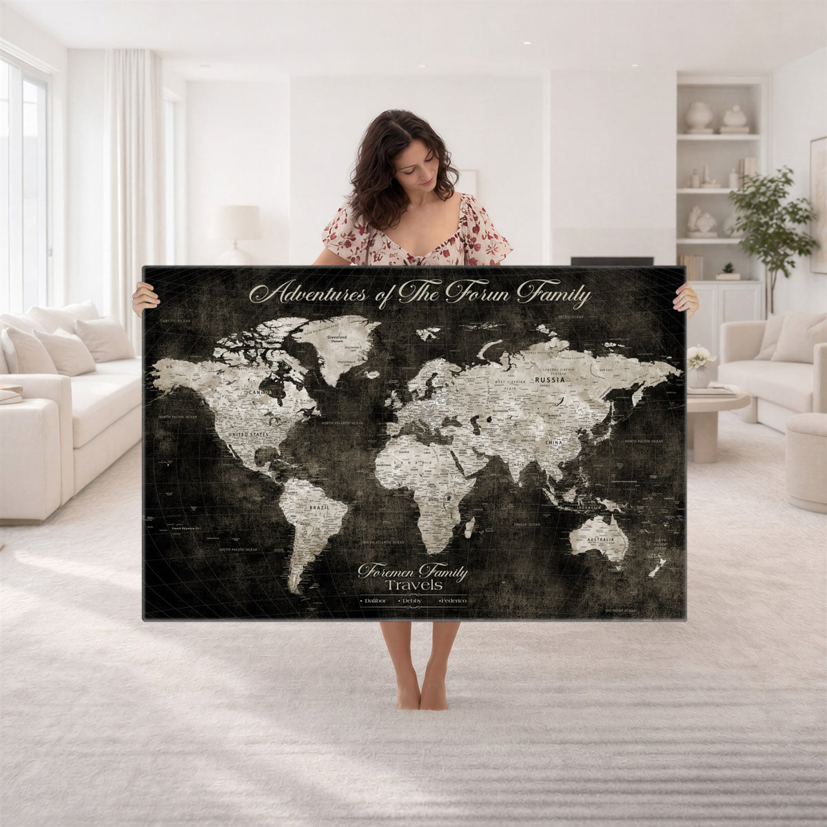 73767525-MGV-CV-36X24 - Custom Push Pin World Map Wall Art Canvas Print | Personalized Travel Tracker with Pins Framed Large for Home and Office Decor