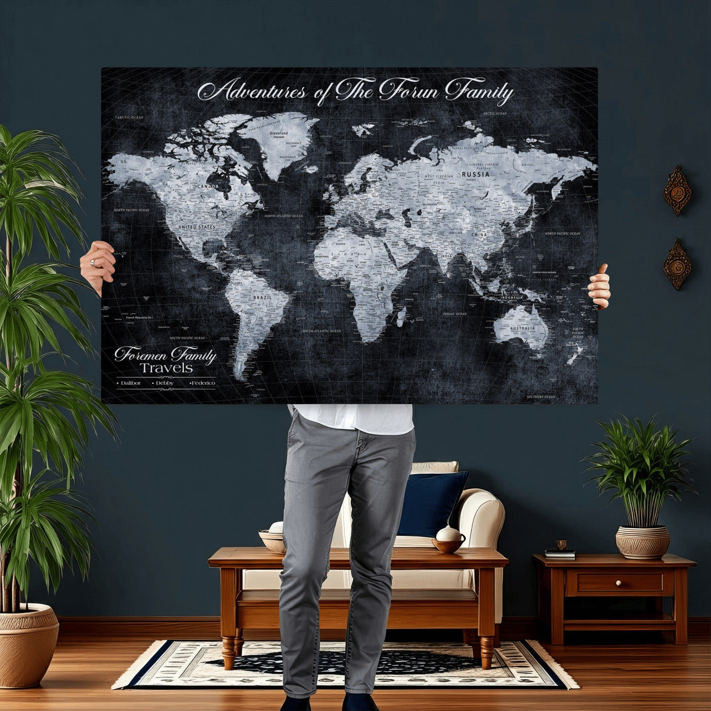 26826520-MGV-CV-36X24 - Custom Push Pin World Map Wall Art Canvas Print – Personalized Travel Tracker with Pins Framed Large for Home and Office Decor
