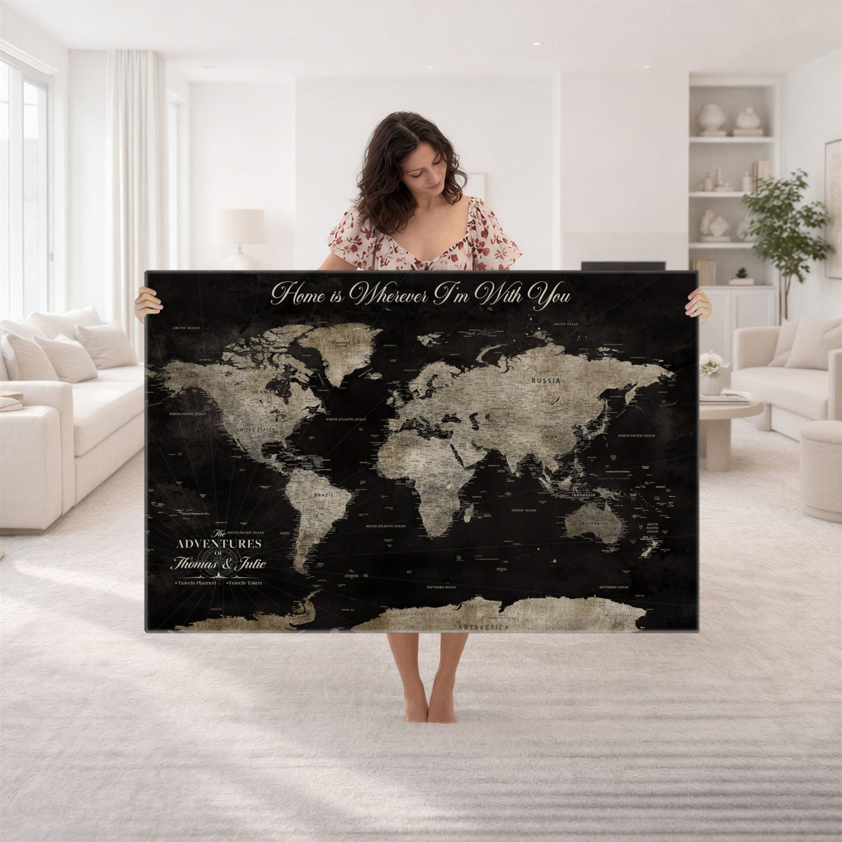 28461537-MGV-CV-36X24 - Personalized Framed Black Geometric World Map Canvas with Push Pins, Bucket List Map, Living Room and Dining Room Decor