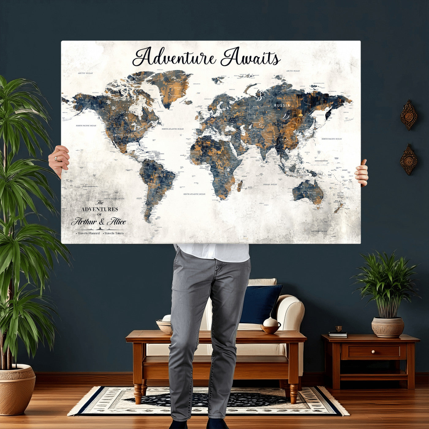 26041262-MGV-CV-36X24 - Custom Push Pin World Map Wall Art Canvas Print – Personalized Travel Tracker with Pins Framed Large for Home and Office Decor