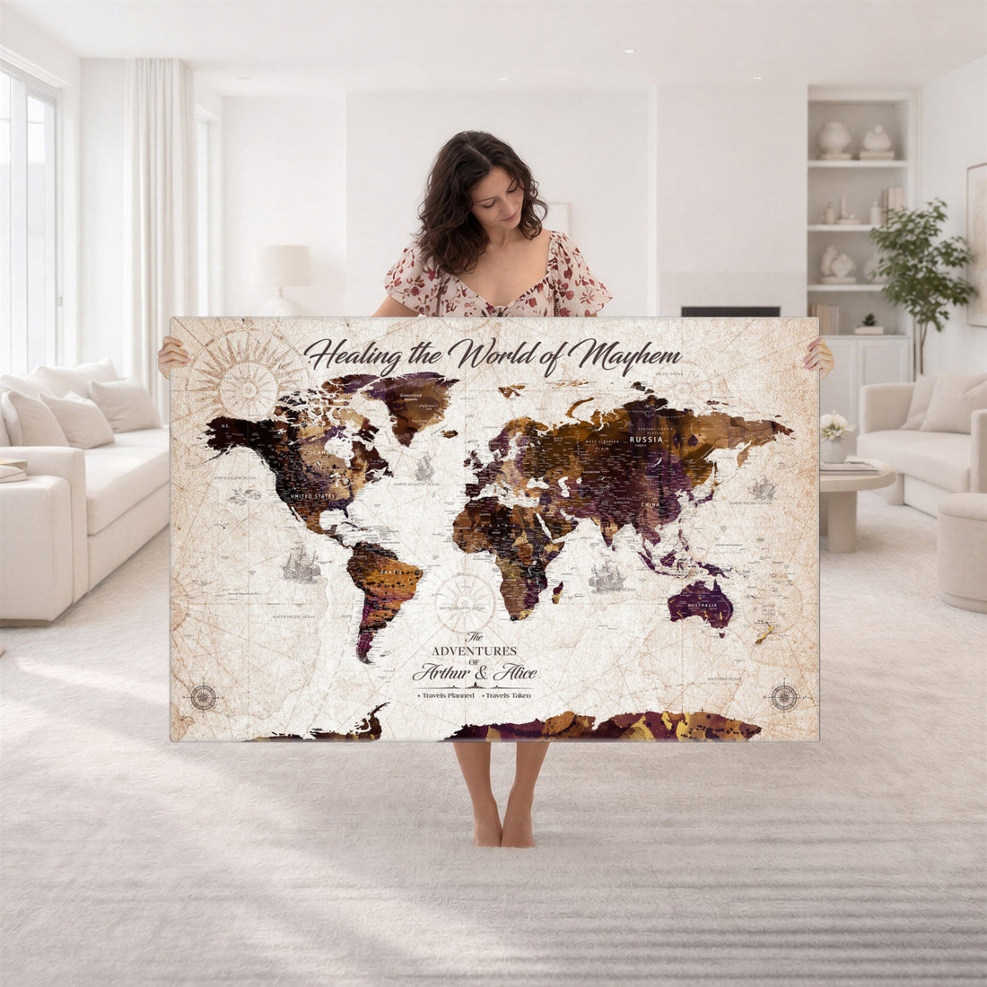 Personalized Framed Navy World Travel Map Wall Art with Pins, Honeymoon and Anniversary Gift, Living Room and Bedroom Decor