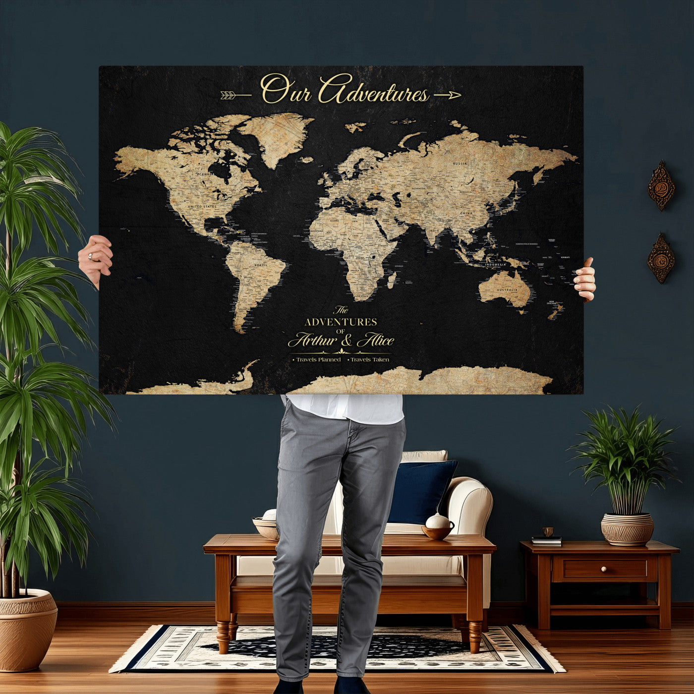 54638998-MGV-CV-36X24 - Custom Push Pin World Map Wall Art Canvas Print – Personalized Travel Tracker with Pins Framed Large for Home and Office Decor